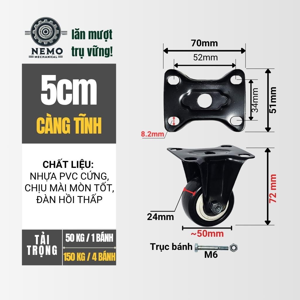 Bánh xe đẩy hàng đen trắng, mặt bích, có bạc đạn, đk bánh 4cm và 5cm, tải trọng 40-50kg/1bánh